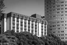 Queen Street Auckland city, black and white photo by Mike Wheelton